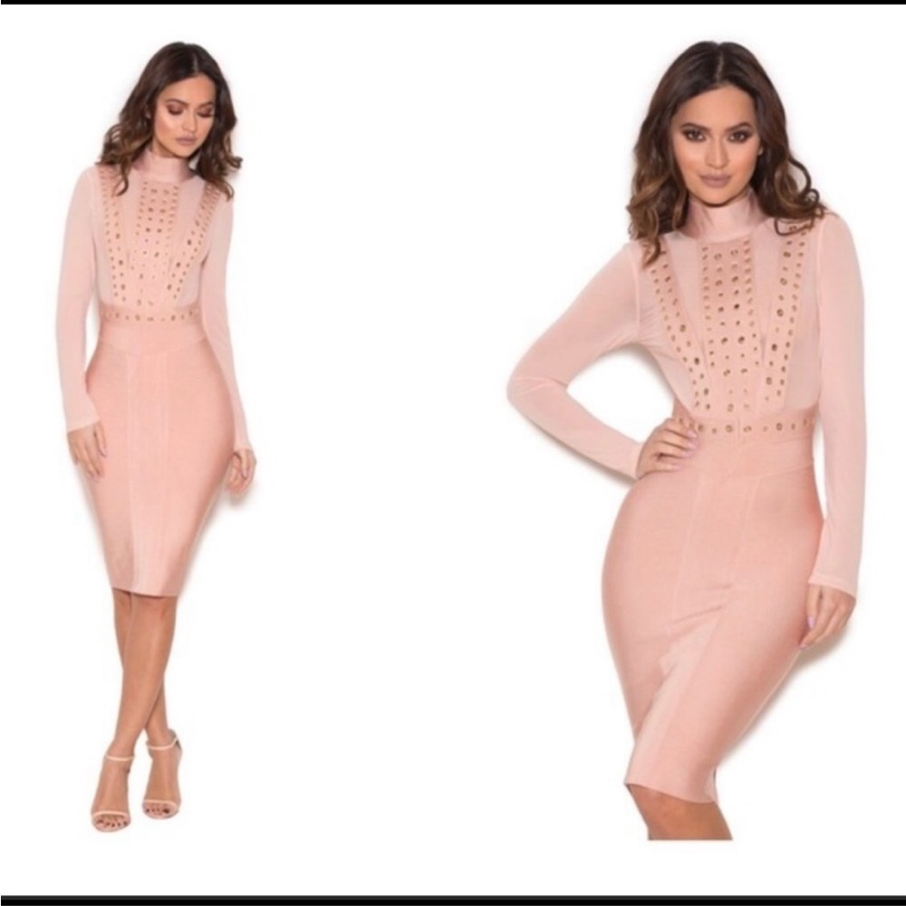 House Of CB London Long Sleeve Blush Pink Bodycon Dress with Studded Bodice